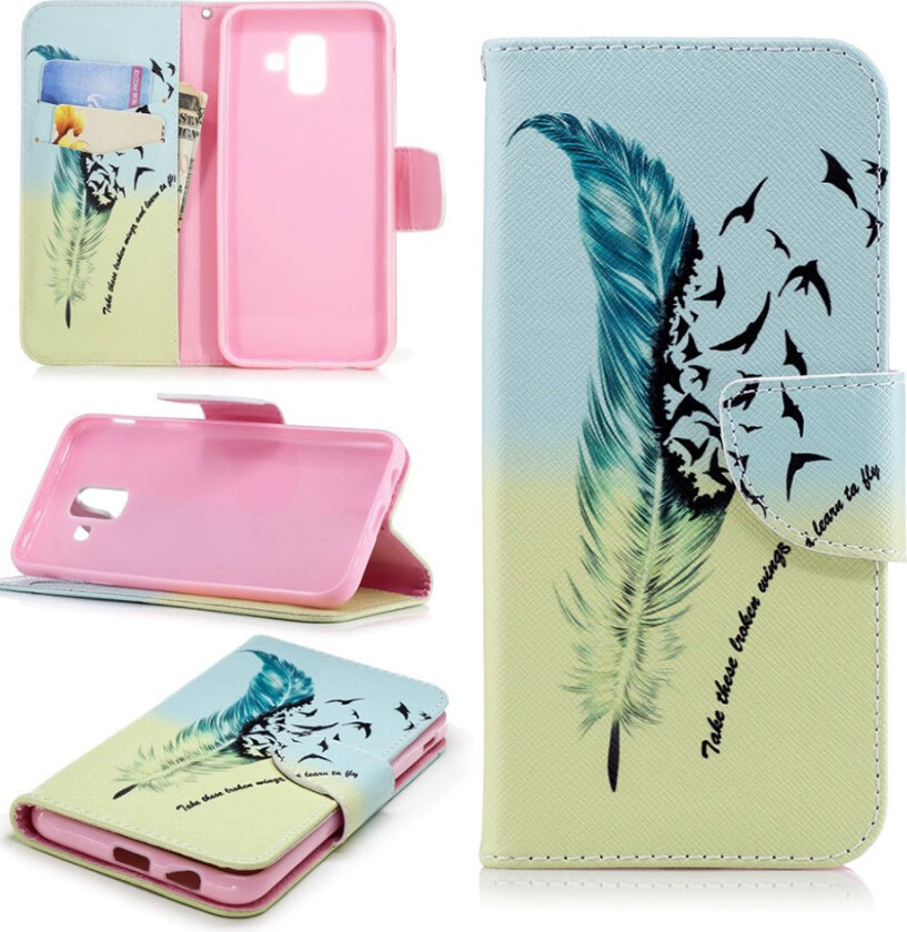 Samung Galaxy A6 beskyttelses deksel av syntetisk skinn med printet bilde - fjærpenn og fugler