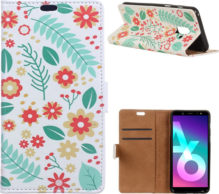 Galaxy A6 beskyttelses deksel i syntetisk skinn med printet bilde - blomster og blader