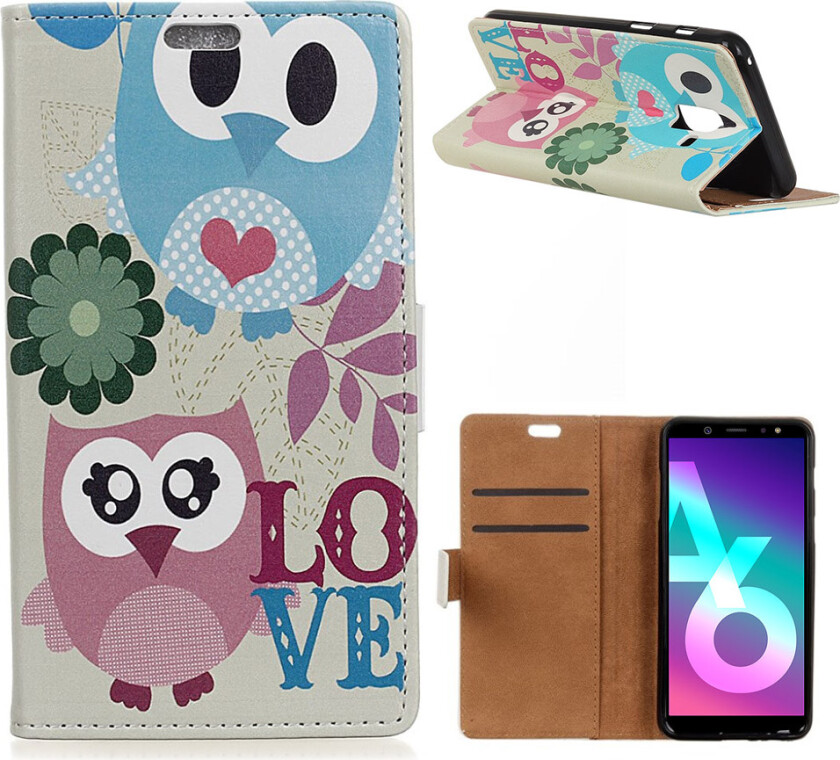 Galaxy A6 beskyttelses deksel i syntetisk skinn med printet bilde - ugle elskere