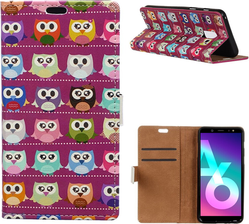 Galaxy A6 beskyttelses deksel i syntetisk skinn med printet bilde - elskelige små ugler