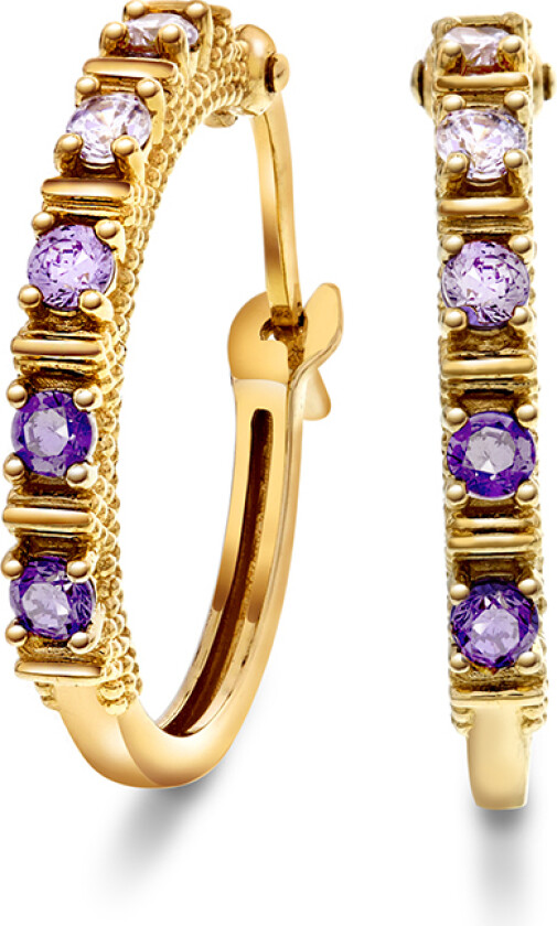 Øreringer i 585 gult gull med lilla zirkonia