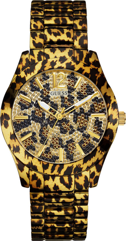 Sport dameklokke med stållenke og leopardmønster