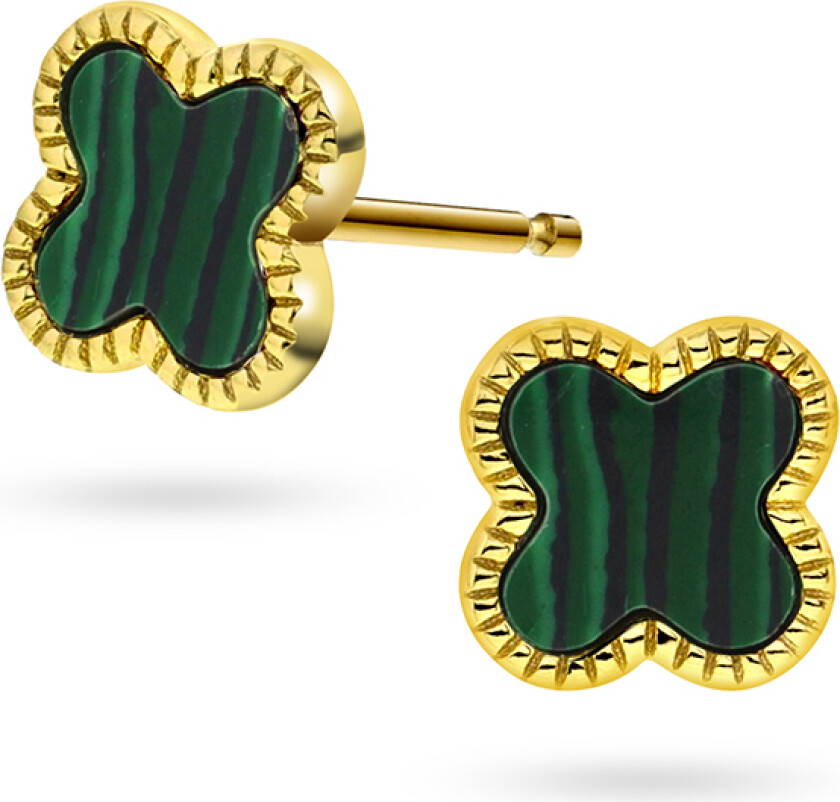 Kløver øredobber i 925 forgylt sølv med grønn syntetisk malakitt