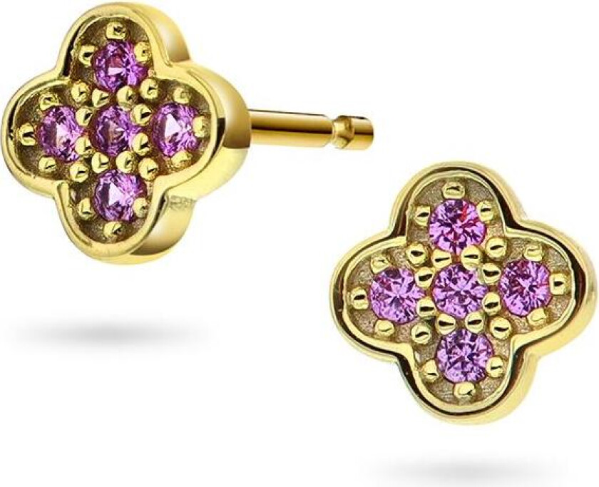 Øredobber til barn i forgylt 925 sølv med firkløver og lilla zirkonia