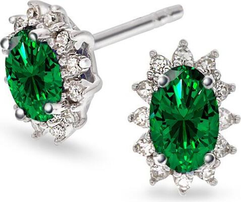 Øredobber i 585 hvitt gull med diamanter 0,08 ct og smaragd