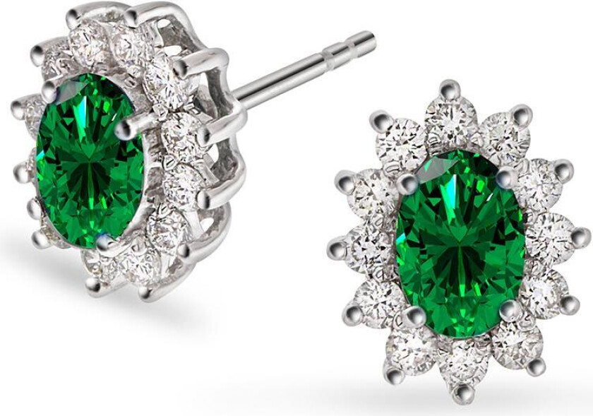 Bilde av Øredobber i 585 hvitt gull med diamanter 0,48 ct og smaragd