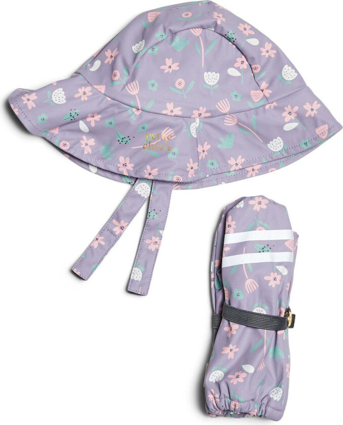 Lyon Sydvest & Forede Votter, Flowers Lavender Grey, 2-4 år - Regnvotter & Sydvester - 100% Polyester