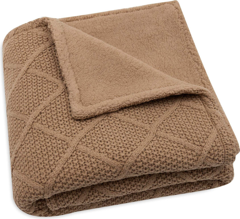 Strikket Teppe Rutemønster med Teddy-fleece, Biscuit - Tekstiler - 100% Polyester