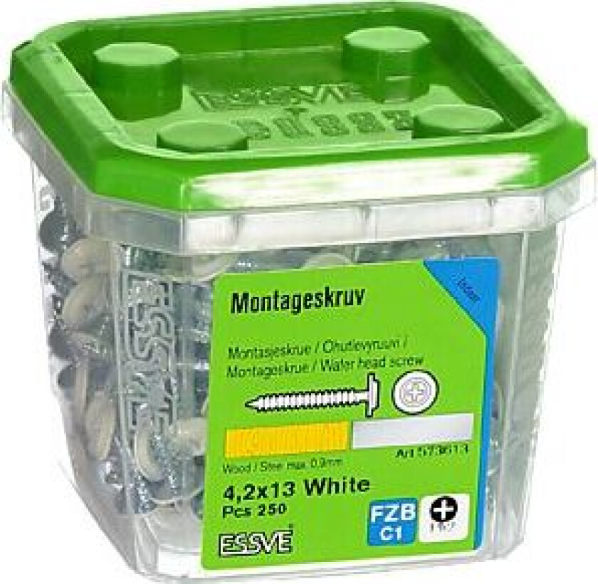Montasjeskrue hvit 4,2x13 fzb -250 skarp spiss ral 9010 blankforsinket