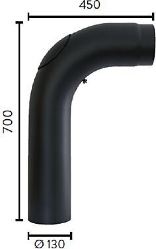 Røykrør ø130 90gr m/luke 700x450 bp sort metallic lakk 2mm