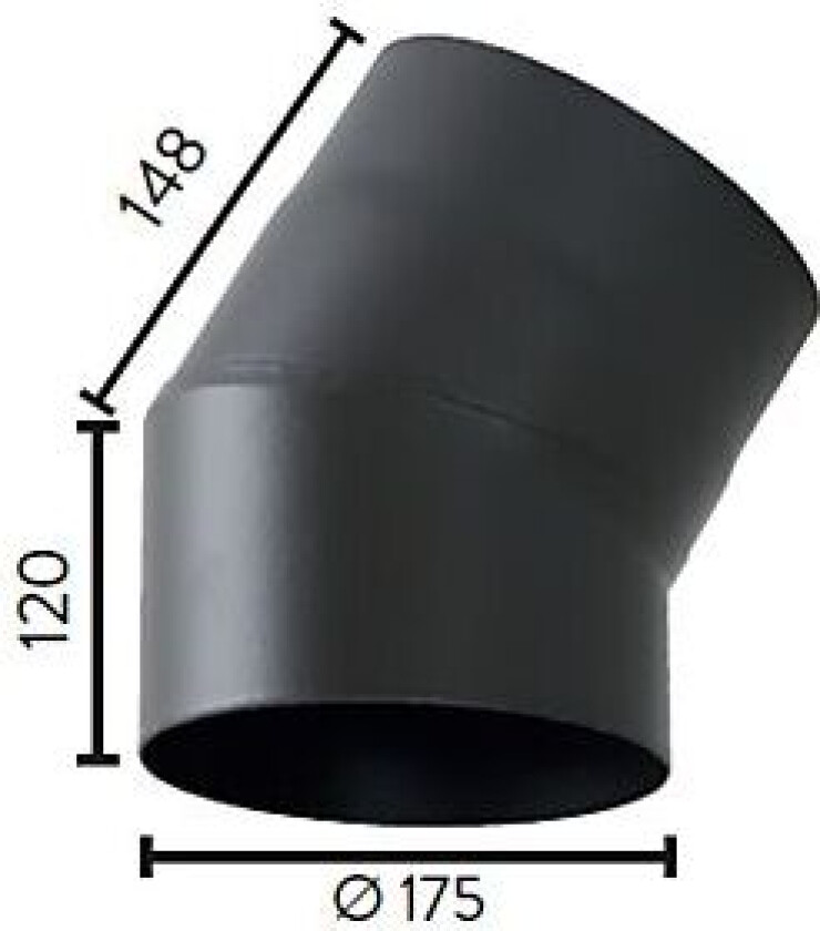 Røykrør ø175 30gr kne uten luke mbe matt sort emalje 2,3mm