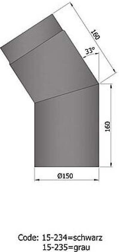 Røykrør vinkel ø150mm 33° kort sort