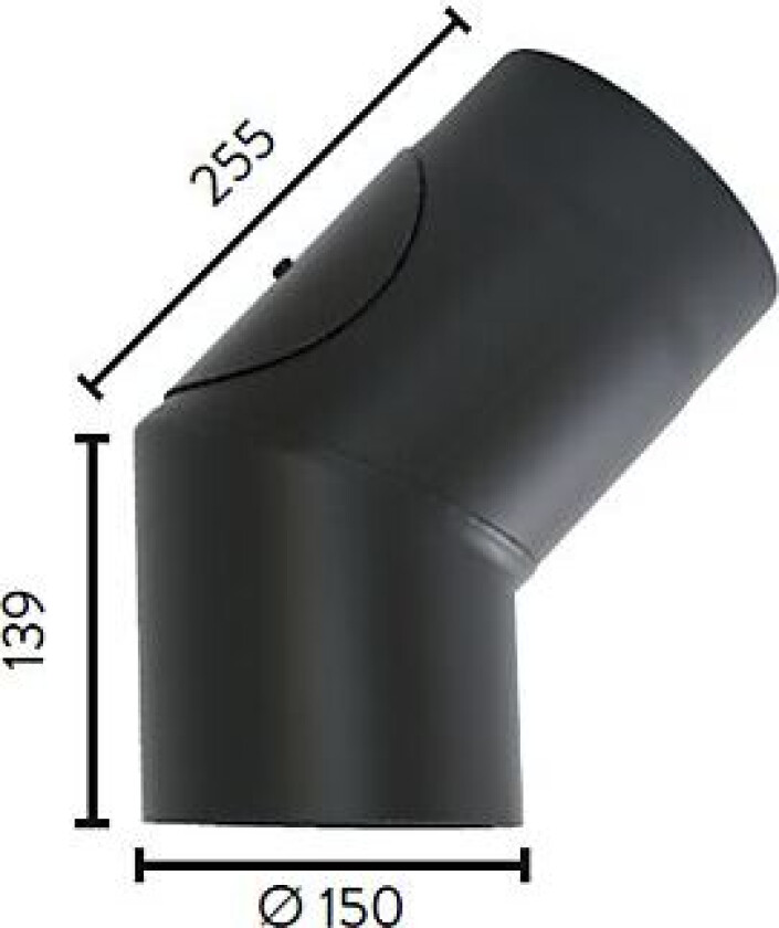 Røykrør ø150 45 gr kne m/luke 2,3mm matt sort emalje