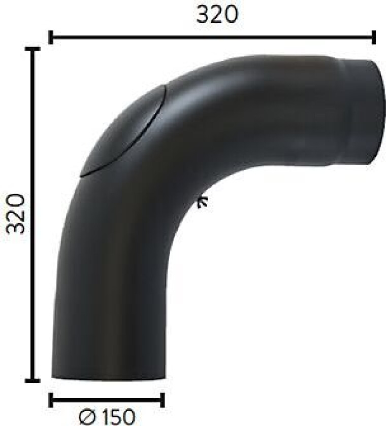 Røykrør ø150 90gr hellbøyd med luke sort metallic lakk h320xb320mm 2mm