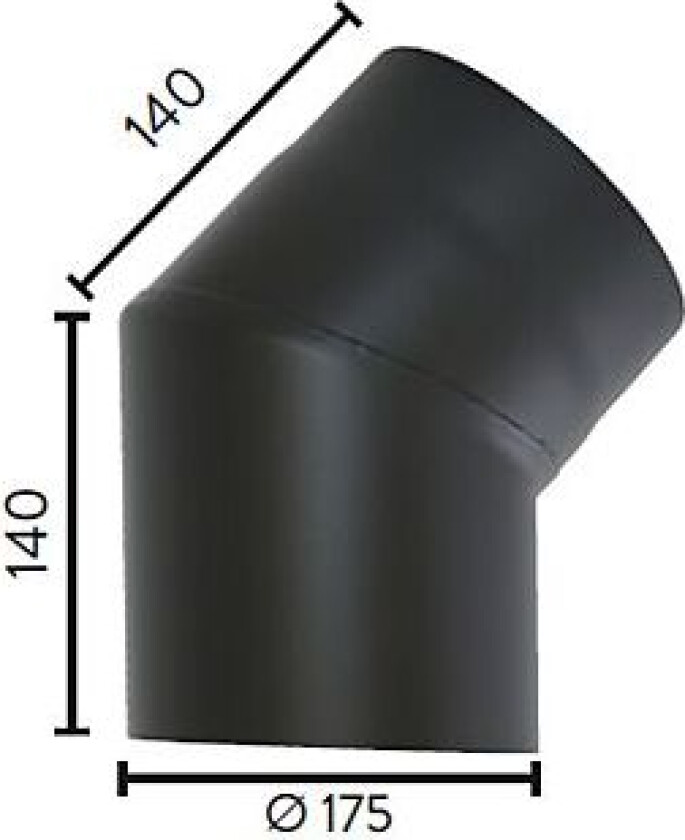 Røykrør ø175 45gr kne uten luke mbe matt sort emalje 2,3mm