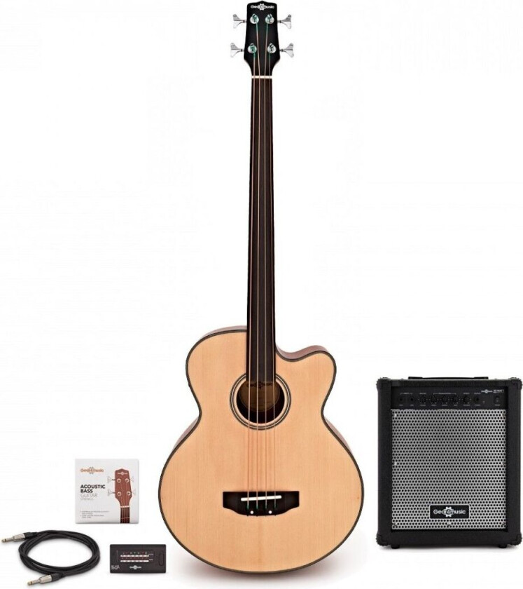 Gear4Music Elektroakustisk Fretless Bassgitar + 35W Forsterkerpakke