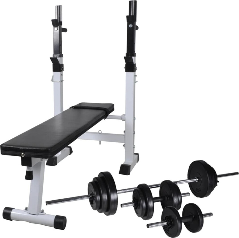 Treningsbenk med vektstativ, vektstang og manualsett 30,5 kg