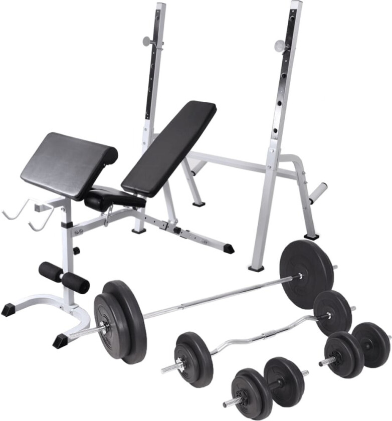 Treningsbenk med vektstativ, vektstang og manualsett 90kg