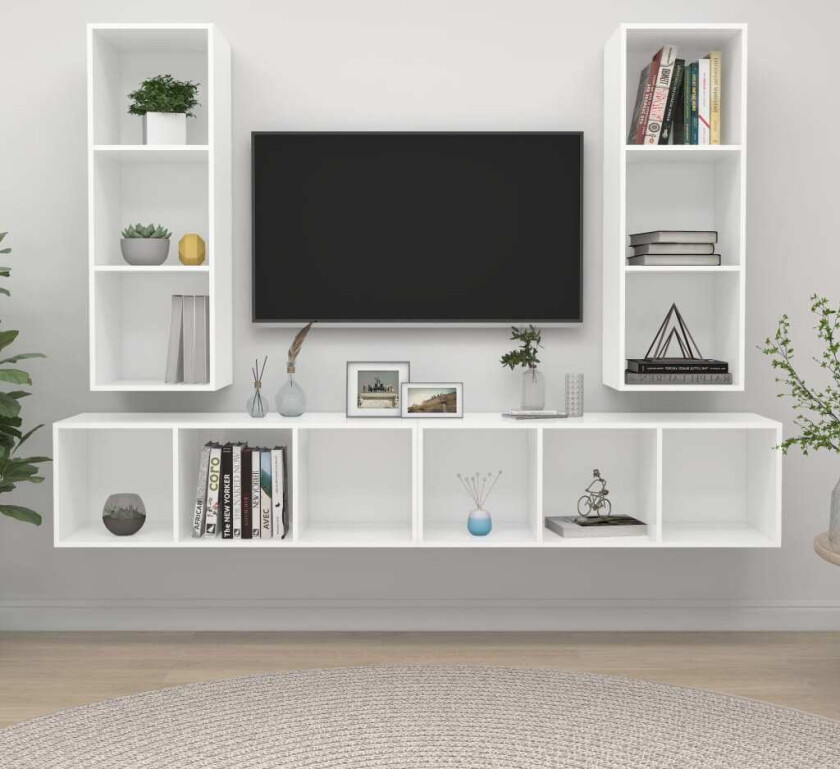 Vegghengte TV-benker 4 stk hvit konstruert tre