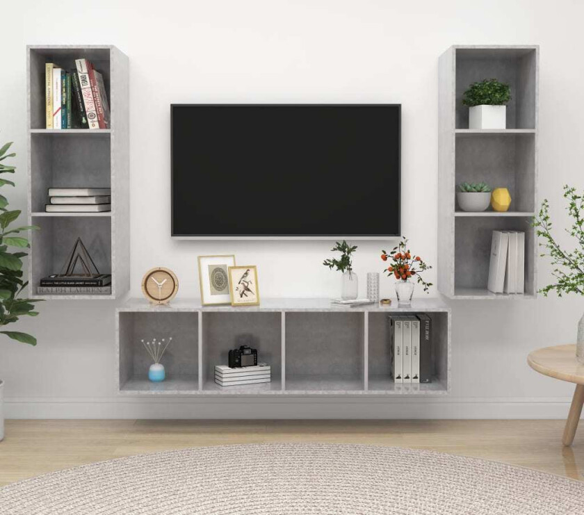 TV-benksett 3 deler betonggrå konstruert tre