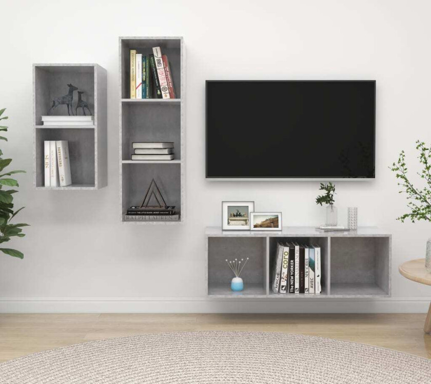 TV-benksett 3 deler betonggrå konstruert tre