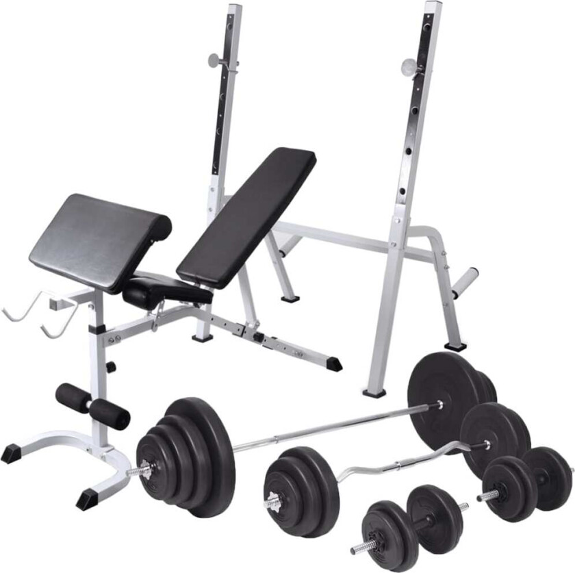Treningsbenk med vektstativ, vektstang og manualsett 120 kg