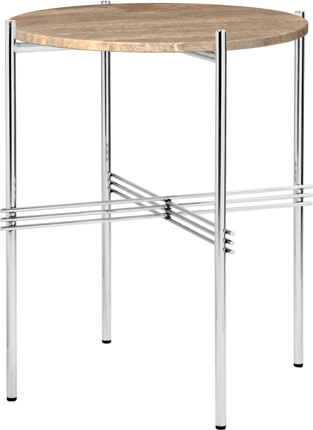 TS Side Table - Round, Ø40 Polished Steel Base, Table Top Warm Taupe Travertine - Utendørs småbord og sidebord - GamFratesi - Beige - Metall/Stein