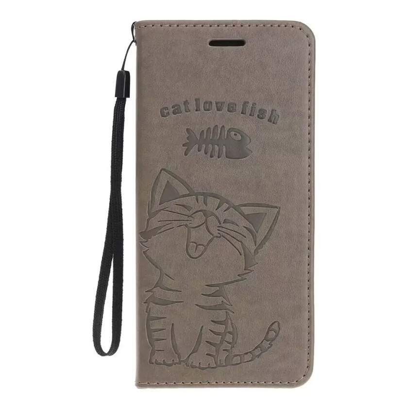 iPhone 12 Mini PU Skinndeksel m. Lommebok - Katt & Fisk - Grå