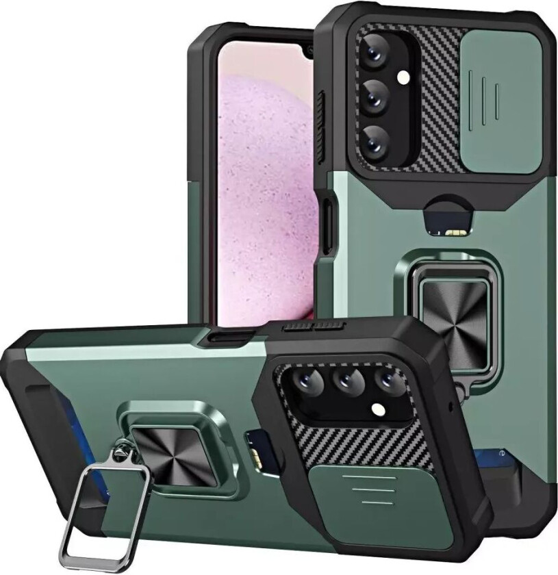 Samsung Galaxy A14 (5G) Håndverker Deksel med Magnetisk Stativ, Kortholder og Cam Slider- Svart / Grønn