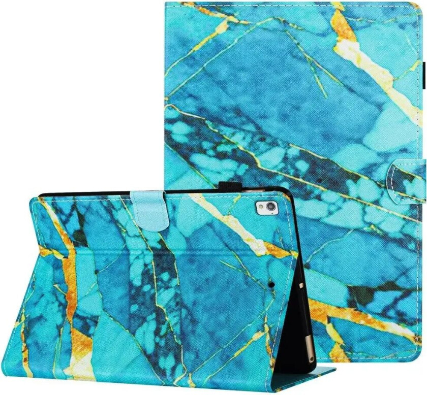 iPad 10.2" (2021 / 2020 / 2019) Kunstskinn Deksel m. Stativfunksjoner & Kortholder - Blå / Gull Marmor