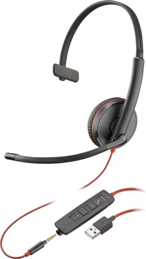 Blackwire 3215 Monaural Usb-A Headset (Volymköp), Kabel, Kontor/Callcenter, 96 G, Headset, Svart, Röd