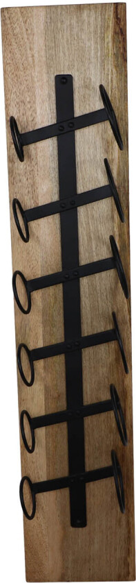 HSM COLLECTION vinstativ til vegg, plass til 6 flasker - naturlig mangotre og sort metall (20x13x100)