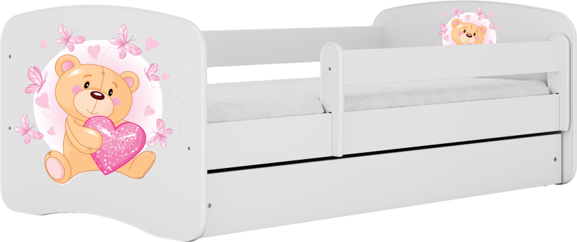 Babydreams juniorseng med bamse og sommerfugler, med madrass, sengehest, skuff - hvit laminat (180x80)