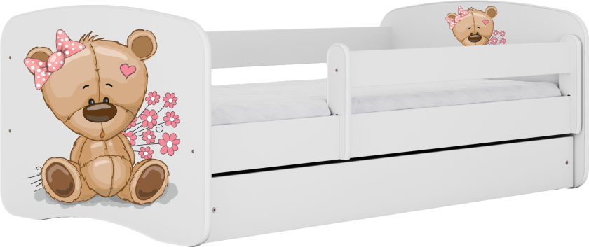 Babydreams juniorseng med bamse og blomster, med madrass, sengehest og skuff - hvit laminat (180x80)