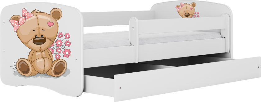 Babydreams juniorseng med bamse og blomster, med madrass, sengehest og skuff - hvit laminat (140x70)