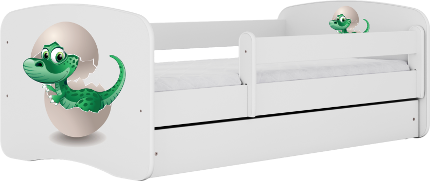 Babydreams juniorseng med liten dino, med madrass, sengehest og skuff - hvit laminat (180x80)