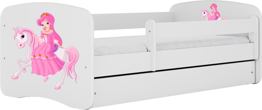 Babydreams juniorseng med prinsesse på hest, med madrass, sengehest og skuff - hvit laminat (160x80)