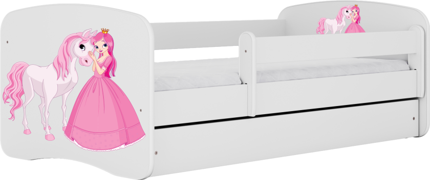 Babydreams juniorseng med prinsesse og hest, med madrass, sengehest og skuff - hvit laminat (140x70)