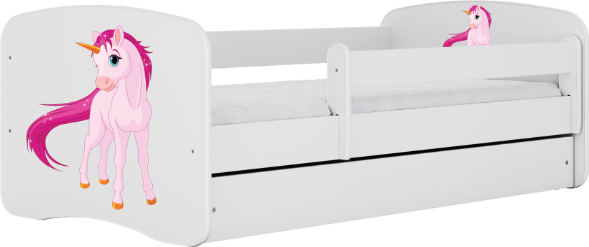 Babydreams juniorseng med enhjørning, med madrass, sengehest og skuff - hvit laminat (180x80)