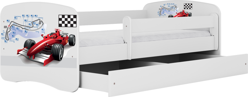Babydreams juniorseng med racerbil, med madrass, sengehest og skuff - hvit laminat (160x80)