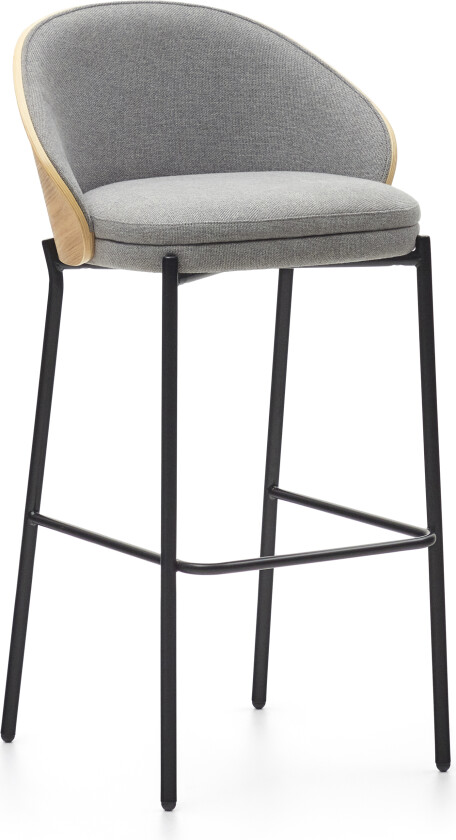LAFORMA Eamy barstol, med ryggstøtte og fotstøtte - lysegråt stoff, finér i naturlig ask og svart stål