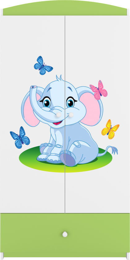 Babydreams garderobe for barn med elefant, m. 2 dører, 1 skuff - hvit og grønn laminat