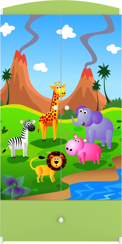 Babydreams garderobe for barn med safaridyr, m. 2 dører, 1 skuff - hvit og grønn laminat