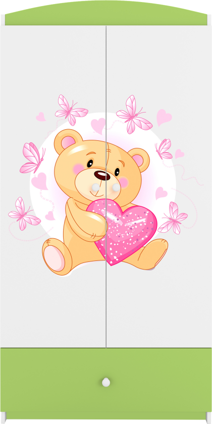 Babydreams garderobe for barn m. bamse m. sommerfugler, m. 2 dører, 1 skuff - hvit/grønn laminat