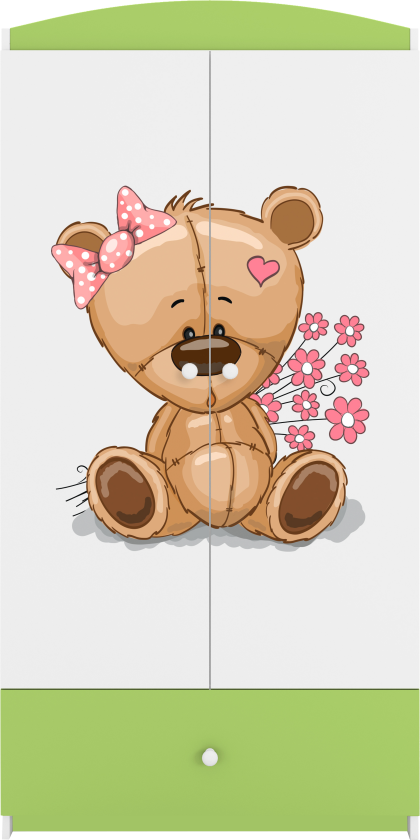 Babydreams garderobe for barn med bamse med blomster, m. 2 dører, 1 skuff - hvit/grønn laminat