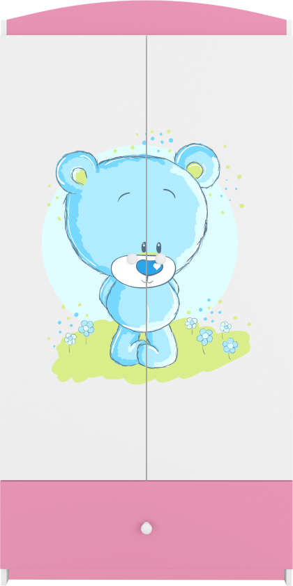 Babydreams garderobe for barn med blå bamse, m. 2 dører, 1 skuff - hvit og rosa laminat