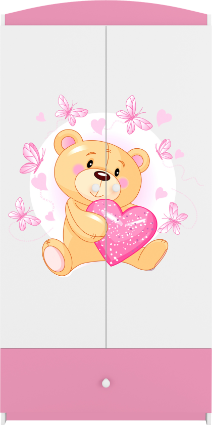 Babydreams garderobe for barn med bamse og sommerfugler, m. 2 dører, 1 skuff - hvit/rosa laminat