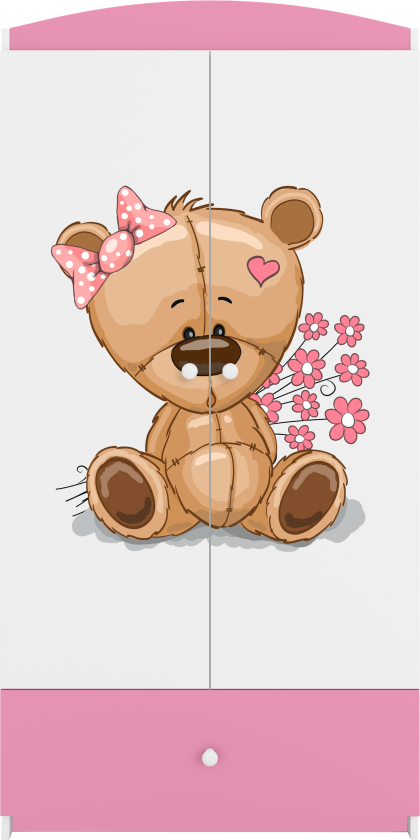 Babydreams garderobe for barn m. bamse m. blomster, m. 2 dører, 1 skuff - hvit/rosa laminat
