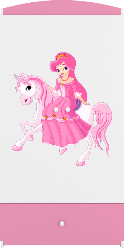 Babydreams garderobe for barn med prinsesse på hest, m. 2 dører, 1 skuff - hvit/rosa laminat