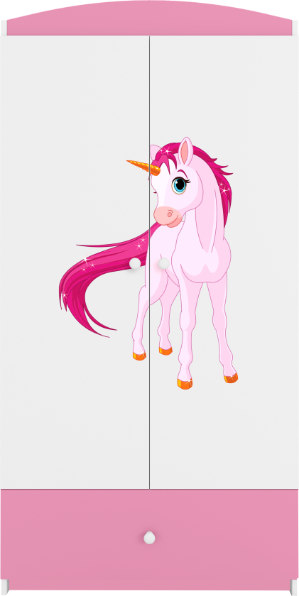 Babydreams garderobe for barn med enhjørning, m. 2 dører, 1 skuff - hvit og rosa laminat